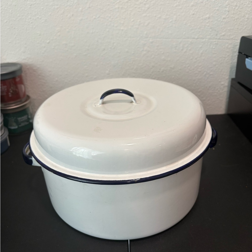Vintage White Enamel Cookware with Blue Accents